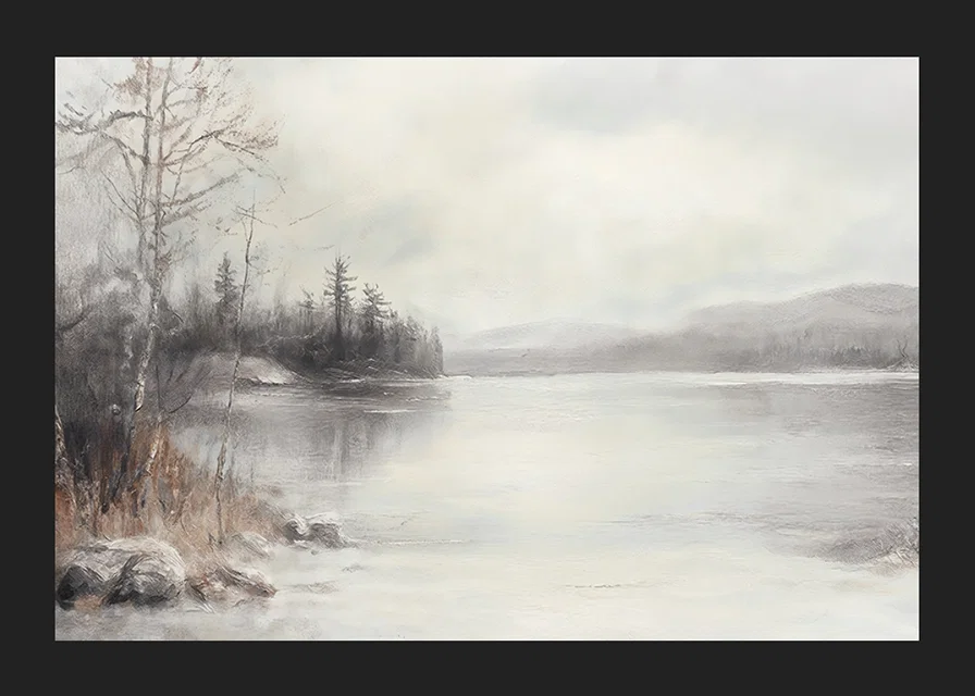 A poster showing a mist shrouded lake surrounded by frosty nature and winter stillness-12