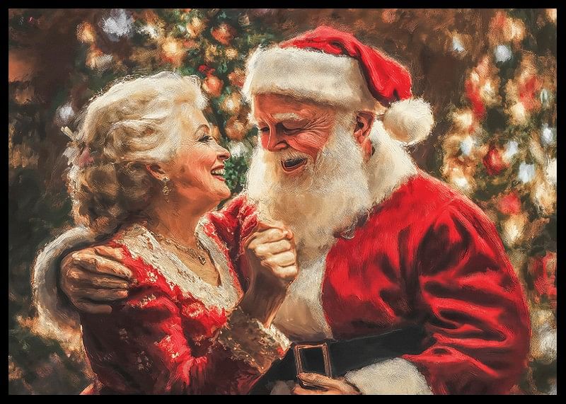Plagát zobrazujúci Santa a pani Santa v láskyplnom a radostnom okamihu-12