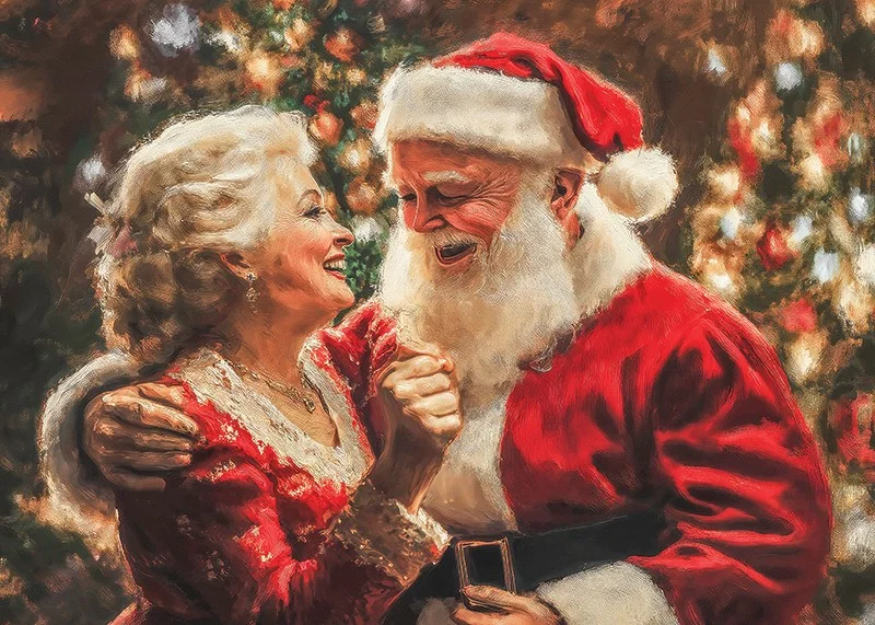 En poster som visar tomten och tomtemor i ett kärleksfullt och glädjefyllt ögonblick-12