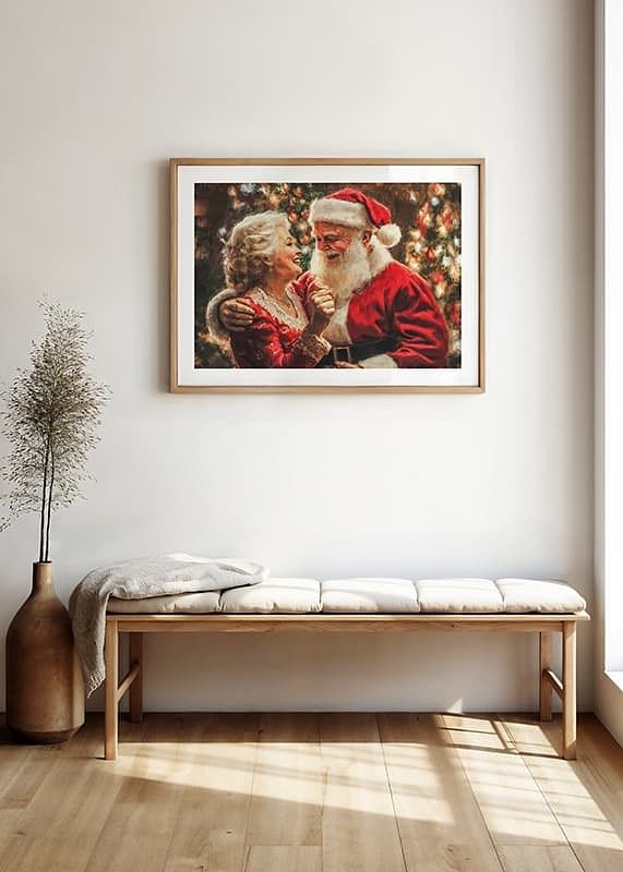 Plagát zobrazujúci Santa a pani Santa v láskyplnom a radostnom okamihu-12