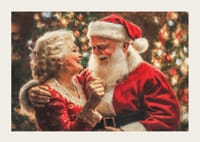 Egy plakát, amely a Mikulást és a Mikulás asszonyt mutatja egy szeretetteljes és örömteli pillanatban-3