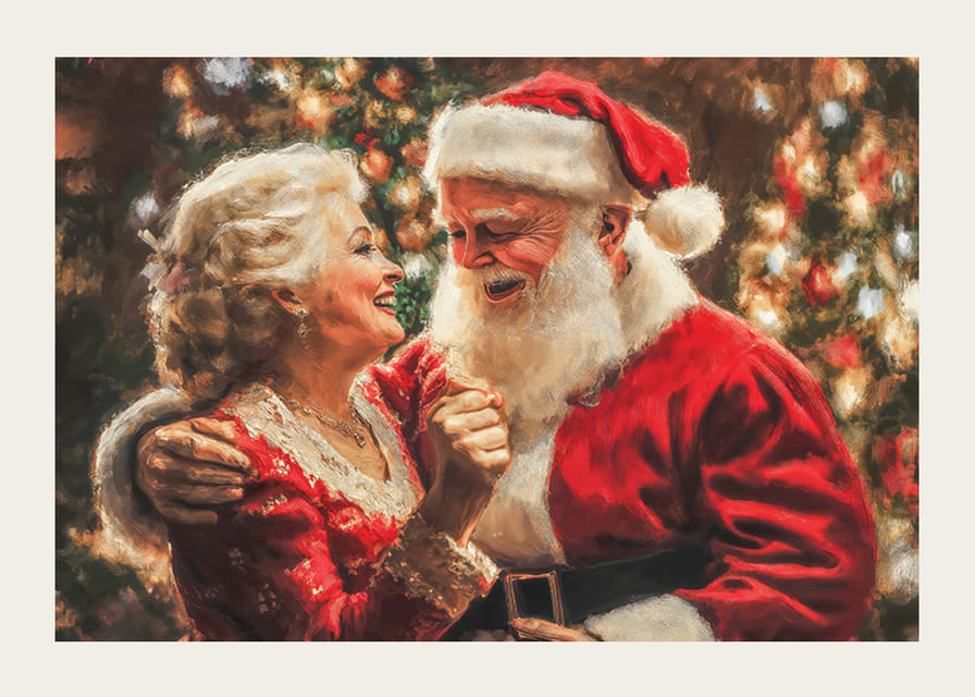 Egy plakát, amely a Mikulást és a Mikulás asszonyt mutatja egy szeretetteljes és örömteli pillanatban-12