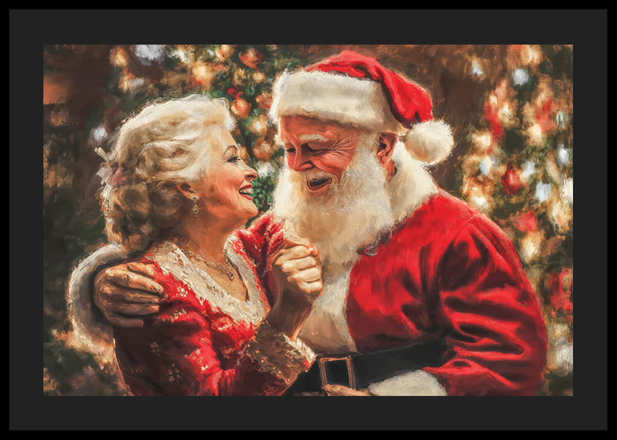 Egy plakát, amely a Mikulást és a Mikulás asszonyt mutatja egy szeretetteljes és örömteli pillanatban-12