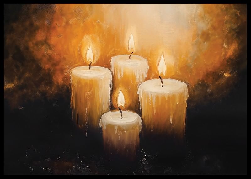 En plakat med fire strålende stearinlys, der spreder en varm og beroligende glød-12