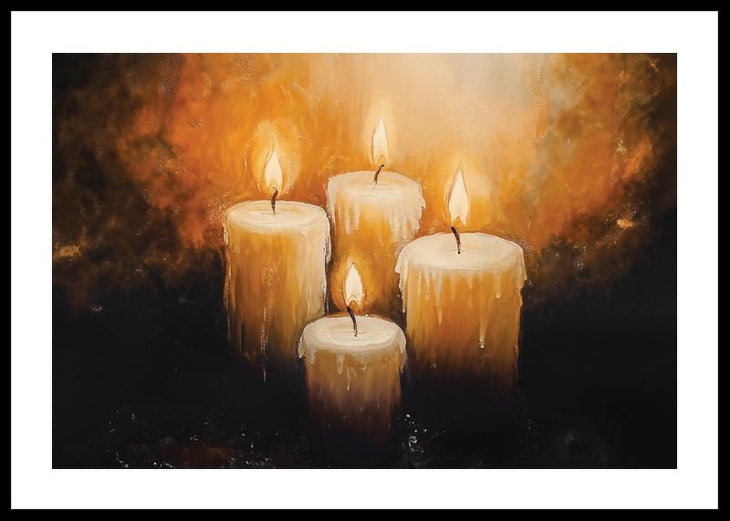 En plakat med fire strålende stearinlys, der spreder en varm og beroligende glød-12