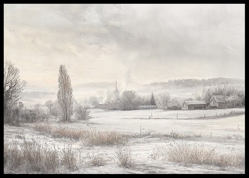 Een poster met een besneeuwd landschap met ijzige velden -12