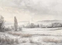 A poster depicting a snow-covered landscape with frosty fields -7