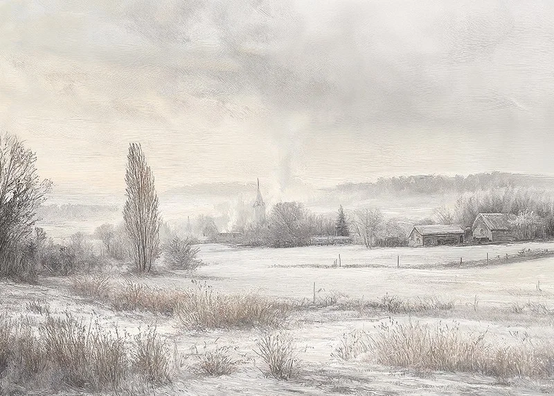A poster depicting a snow-covered landscape with frosty fields -12