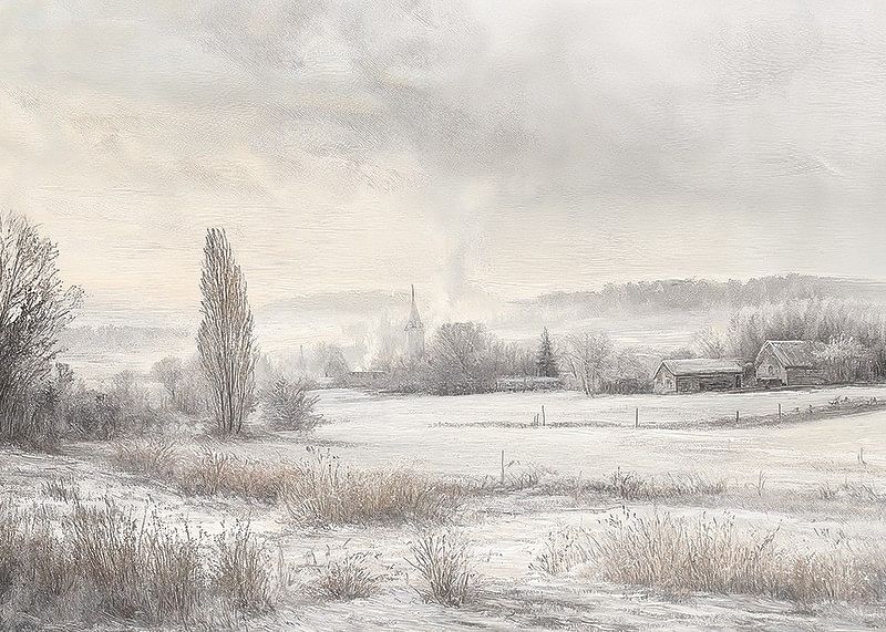Een poster met een besneeuwd landschap met ijzige velden -12