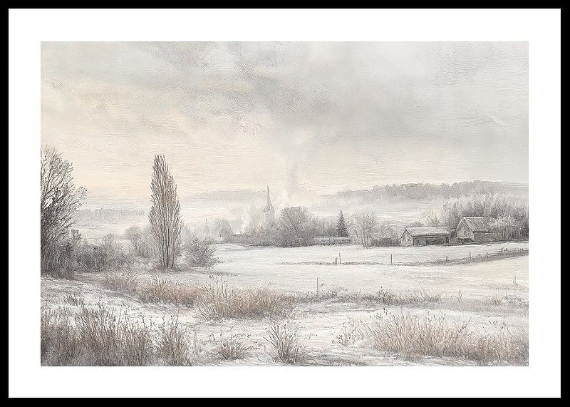 Een poster met een besneeuwd landschap met ijzige velden -12