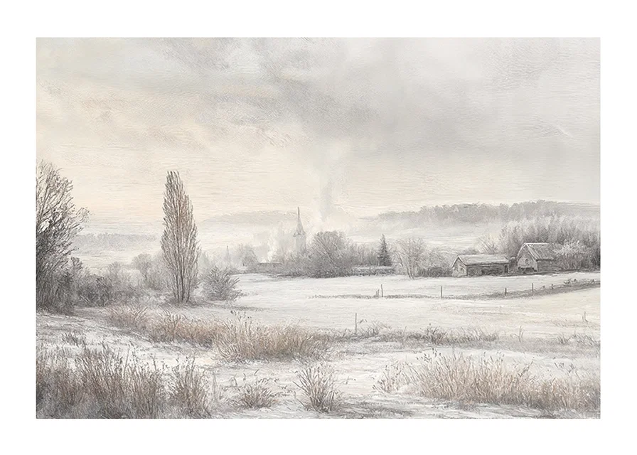 A poster depicting a snow-covered landscape with frosty fields -12