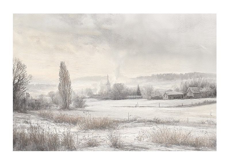 Een poster met een besneeuwd landschap met ijzige velden -12