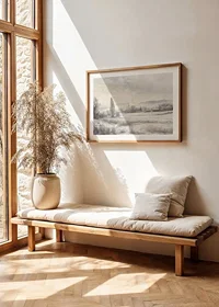 A poster depicting a snow-covered landscape with frosty fields -8