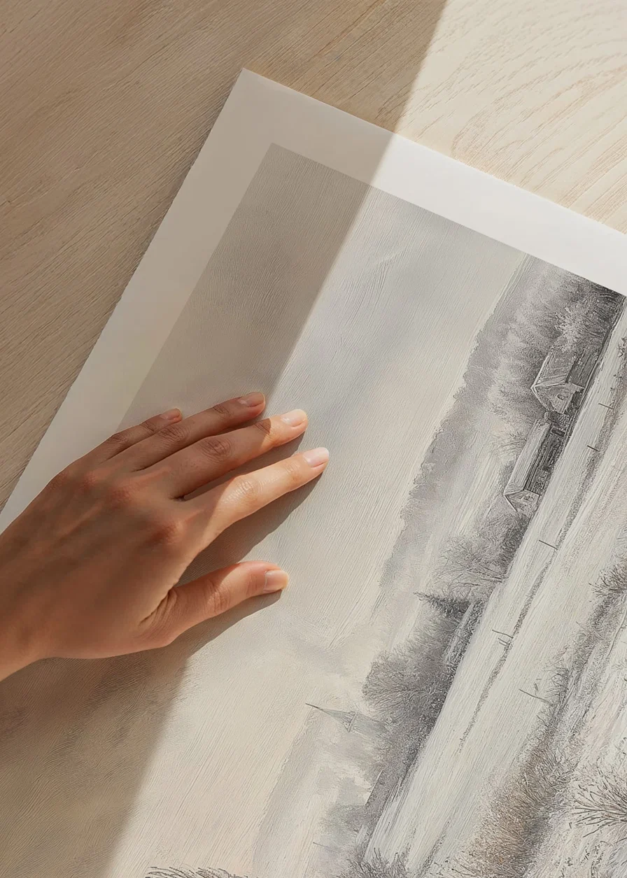 A poster depicting a snow-covered landscape with frosty fields -12