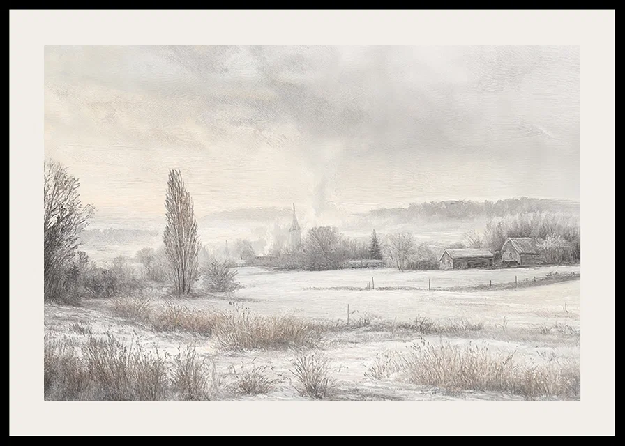 A poster depicting a snow-covered landscape with frosty fields -12
