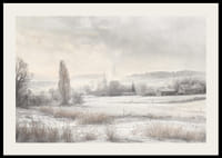 Een poster met een besneeuwd landschap met ijzige velden -2