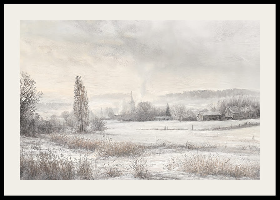 Een poster met een besneeuwd landschap met ijzige velden -12