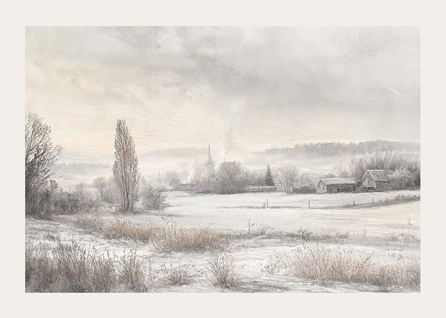 A poster depicting a snow-covered landscape with frosty fields -12
