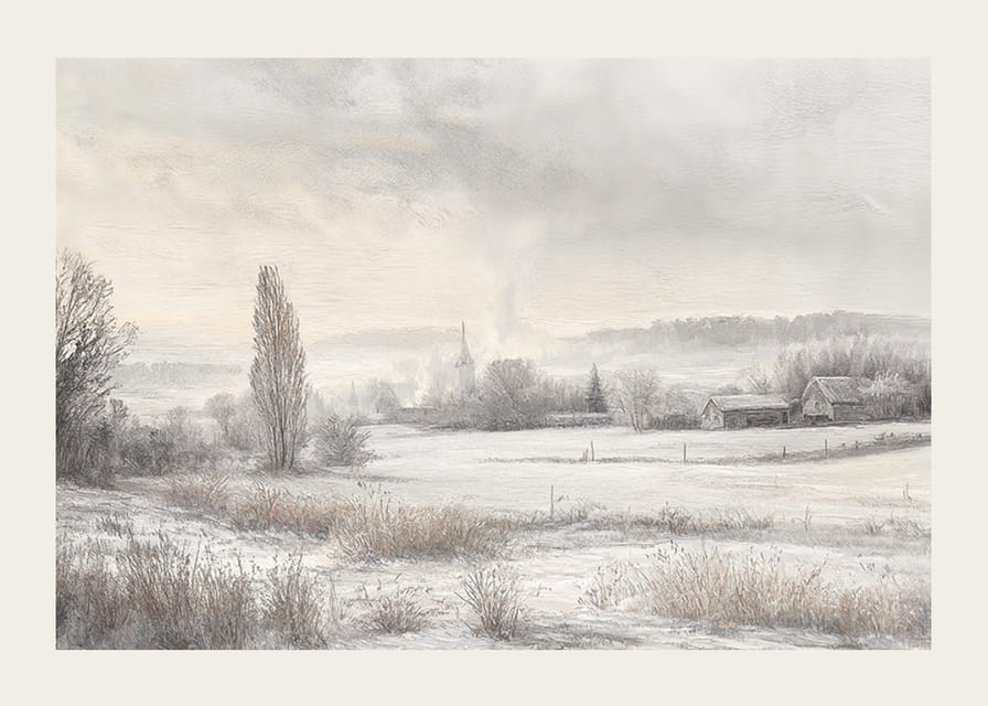 Een poster met een besneeuwd landschap met ijzige velden -12