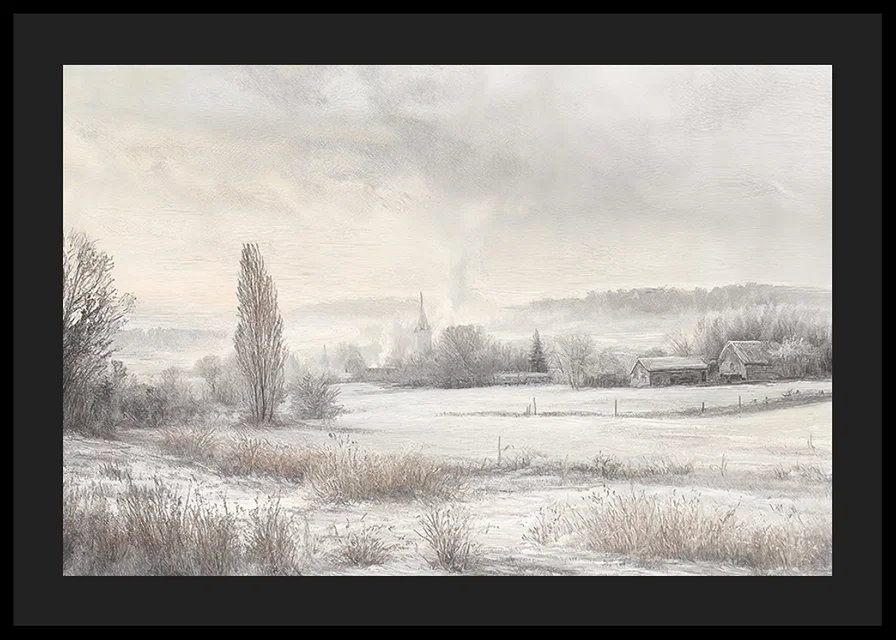 A poster depicting a snow-covered landscape with frosty fields -12