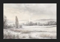 A poster depicting a snow-covered landscape with frosty fields -5