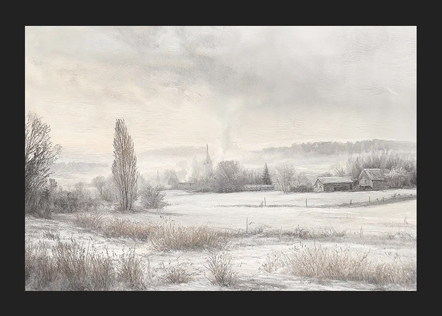 A poster depicting a snow-covered landscape with frosty fields -12