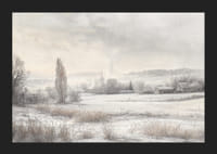 Een poster met een besneeuwd landschap met ijzige velden -5