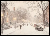 A poster depicting a snow-covered street with classic cars and elegant buildings in winter light-6