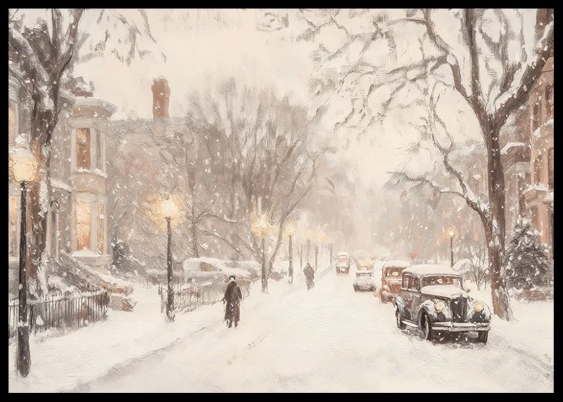 A poster depicting a snow-covered street with classic cars and elegant buildings in winter light-12