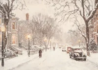 A poster depicting a snow-covered street with classic cars and elegant buildings in winter light-7