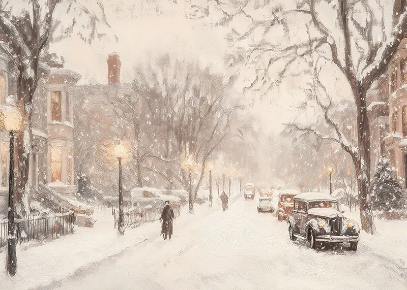 A poster depicting a snow-covered street with classic cars and elegant buildings in winter light-12