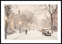 A poster depicting a snow-covered street with classic cars and elegant buildings in winter light-0
