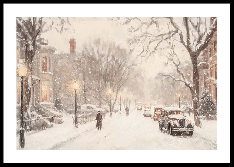 A poster depicting a snow-covered street with classic cars and elegant buildings in winter light-12