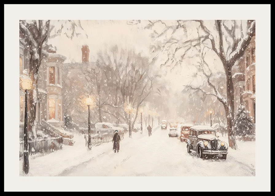 A poster depicting a snow-covered street with classic cars and elegant buildings in winter light-12