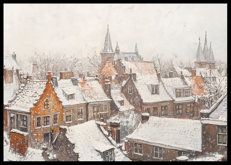 En poster som visar en pittoresk stad med snötäckta tak och kyrktorn i vinterns stillhet-12
