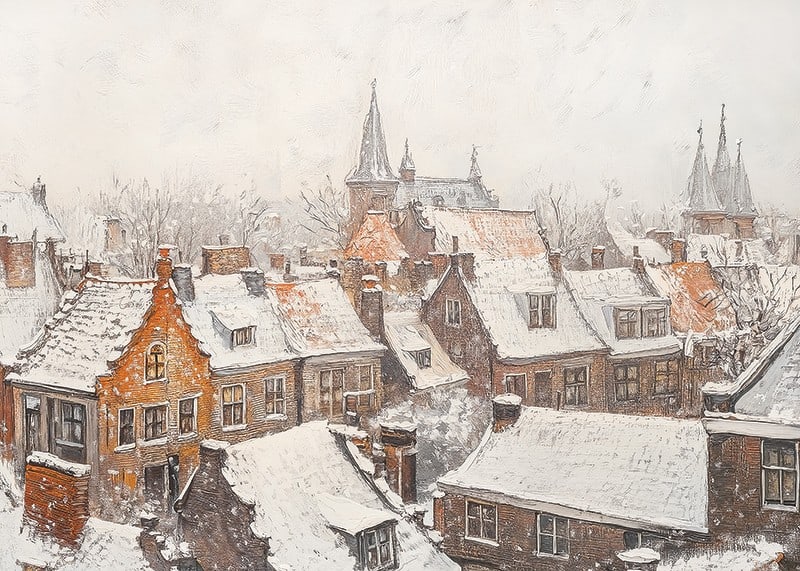 En poster som visar en pittoresk stad med snötäckta tak och kyrktorn i vinterns stillhet-12
