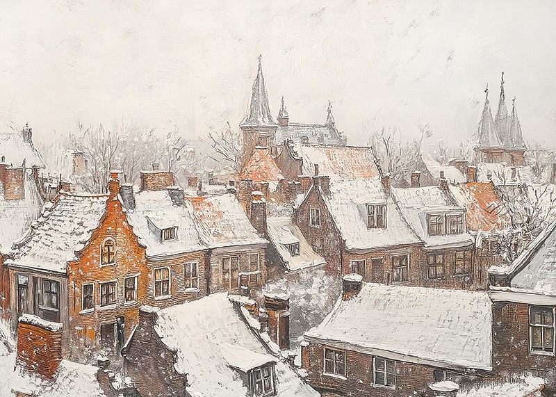 A poster showing a picturesque town with snow-covered roofs and church steeples in the stillness of winter-12