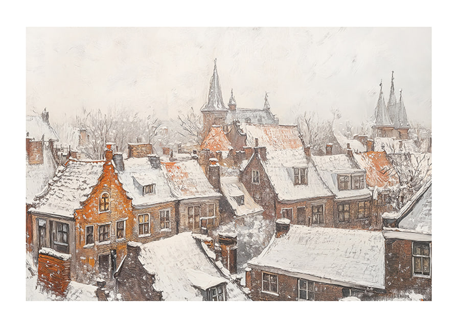 En poster som visar en pittoresk stad med snötäckta tak och kyrktorn i vinterns stillhet-12