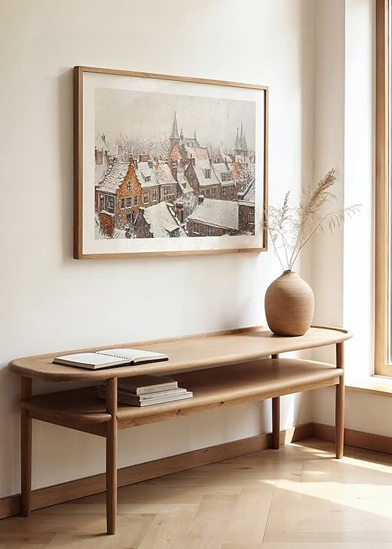 A poster showing a picturesque town with snow-covered roofs and church steeples in the stillness of winter-12