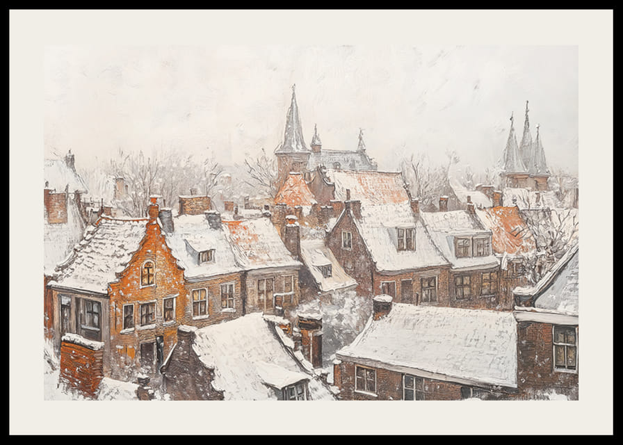 Plagát zobrazujúci malebné mestečko so zasneženými strechami a kostolnými vežami v tichej zime-12