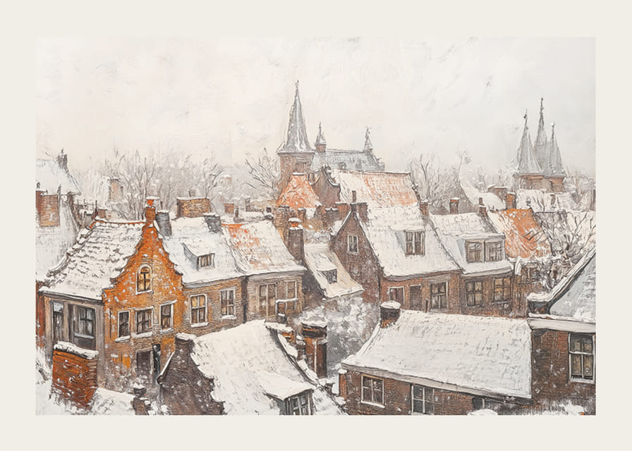 Plagát zobrazujúci malebné mestečko so zasneženými strechami a kostolnými vežami v tichej zime-12