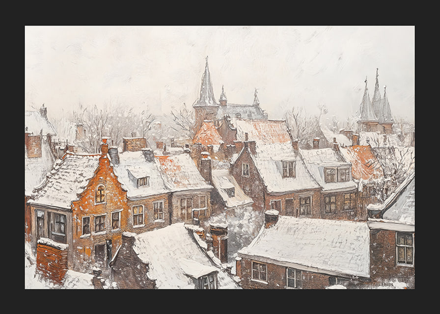 En poster som visar en pittoresk stad med snötäckta tak och kyrktorn i vinterns stillhet-12