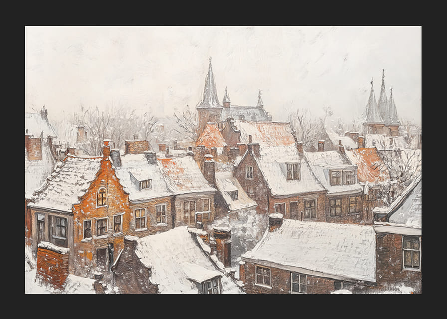 Plagát zobrazujúci malebné mestečko so zasneženými strechami a kostolnými vežami v tichej zime-12