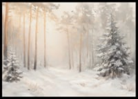 En poster som visar en snötäckt skog badande i mjukt morgonljus-6