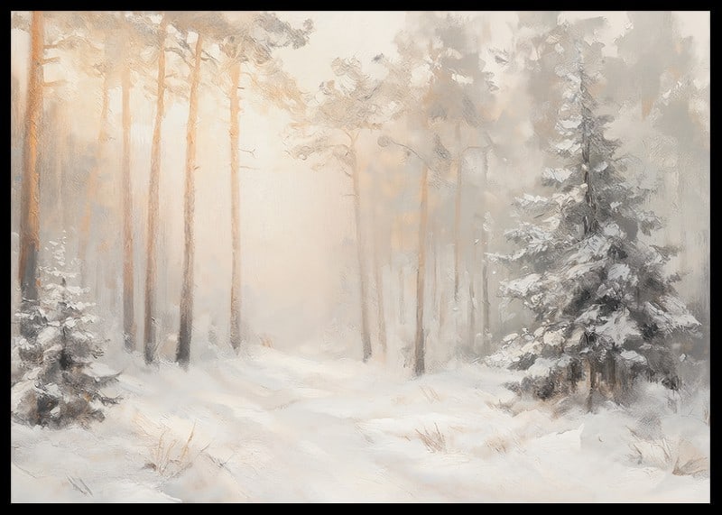 En poster som visar en snötäckt skog badande i mjukt morgonljus-12