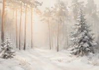 En poster som visar en snötäckt skog badande i mjukt morgonljus-7