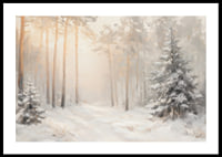 En poster som visar en snötäckt skog badande i mjukt morgonljus-0