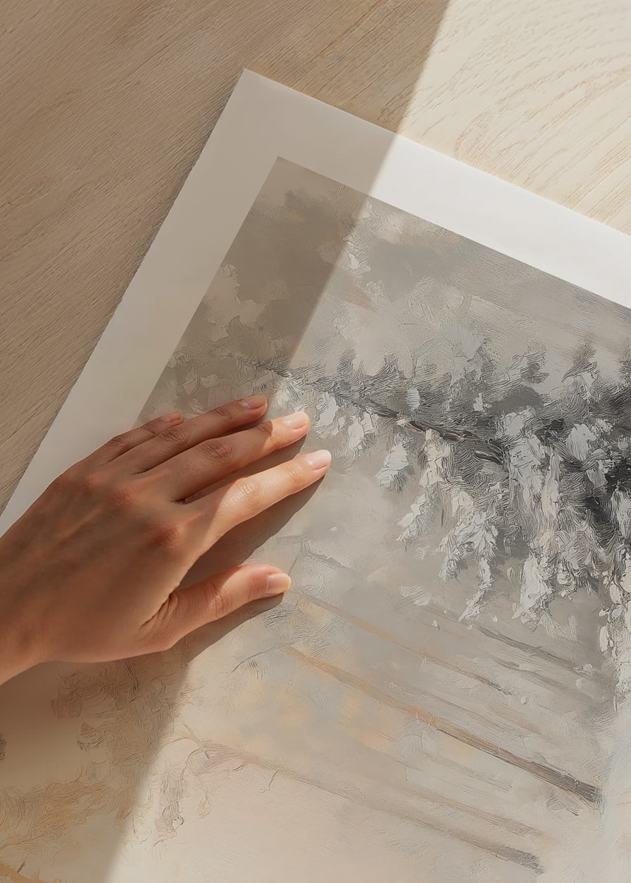 En poster som visar en snötäckt skog badande i mjukt morgonljus-12
