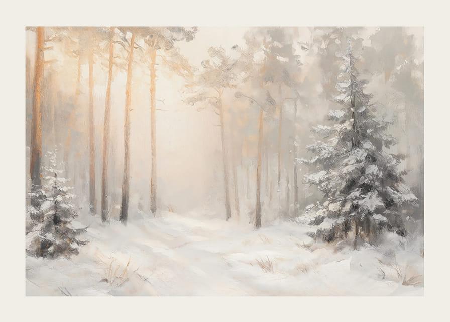 Um cartaz que mostra uma floresta coberta de neve banhada pela suave luz da manhã-12