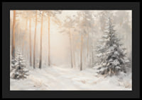 En poster som visar en snötäckt skog badande i mjukt morgonljus-4